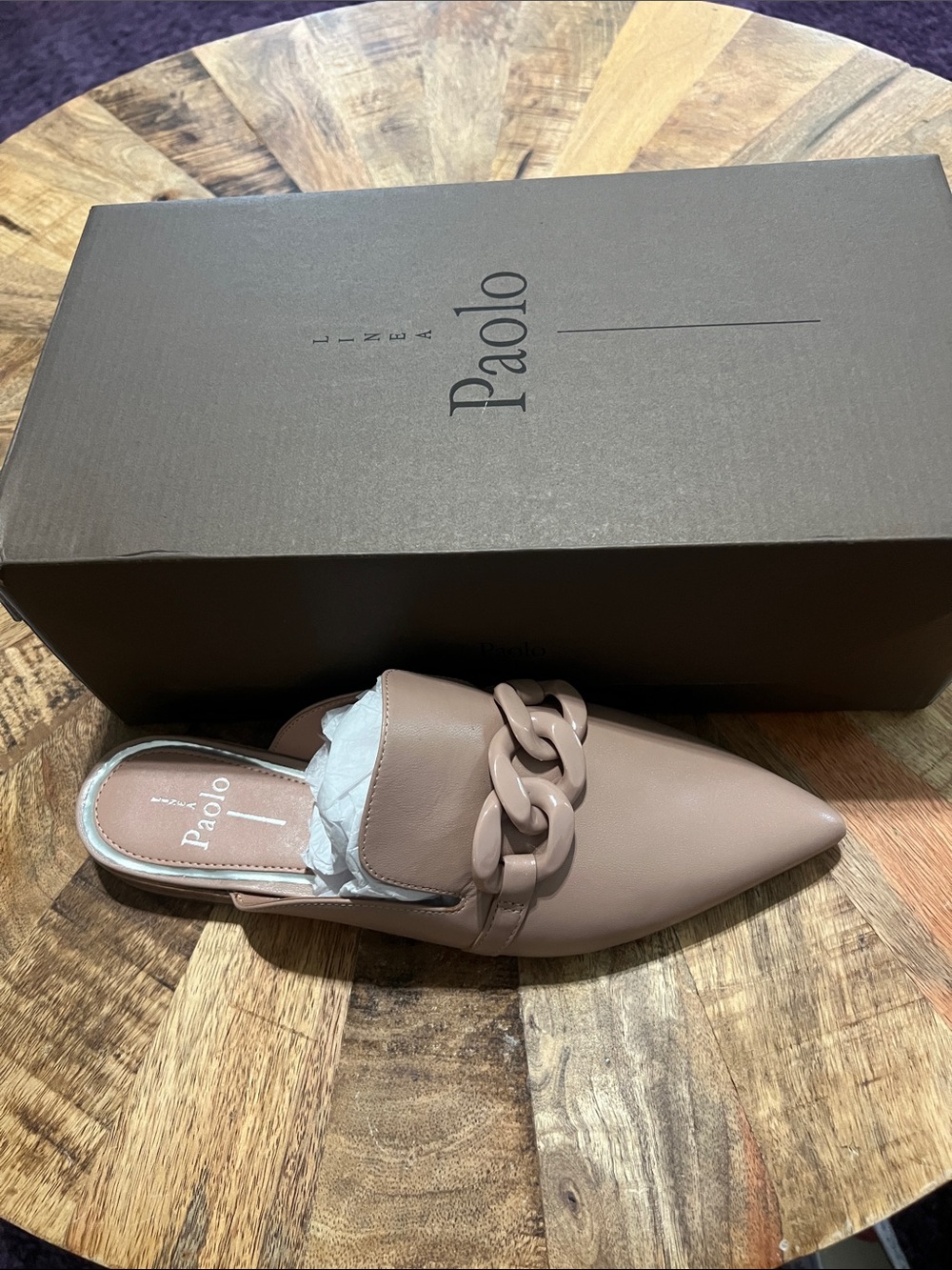 Paolo Taupe Pointed Slip-On Mule with Chain Accent